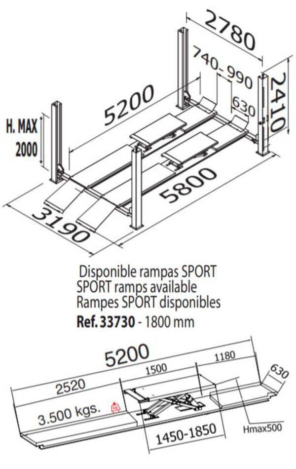 4 søjlet autolift – 5 T – 5200 mm kørebane med frihjulsløfter